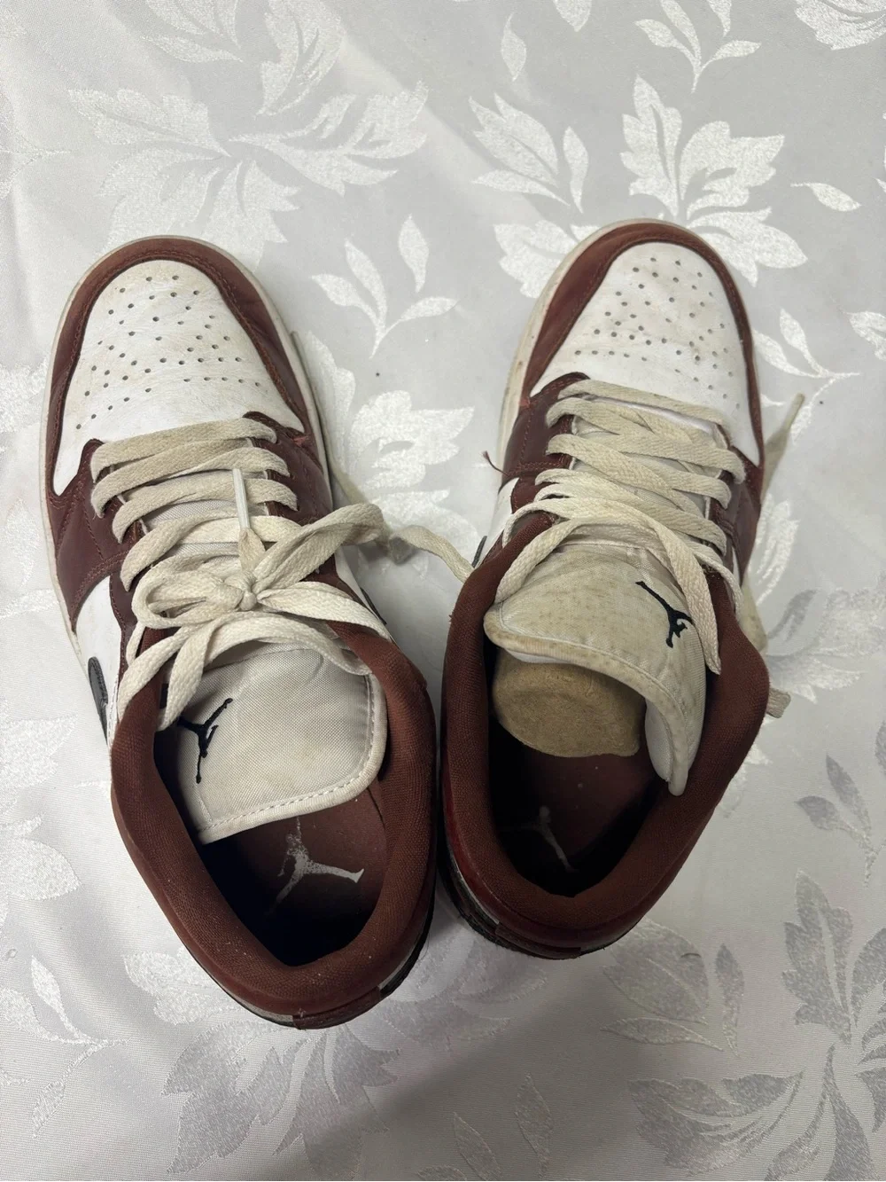 Jordan Low-Top Sneakers - White & Brown with Black Swoosh, used, men size 8